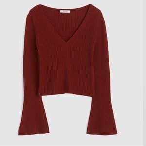 Madewell Ribbed V-Neck Sweater Top in Merino Wool in Deep Rust Size XL. NWOT